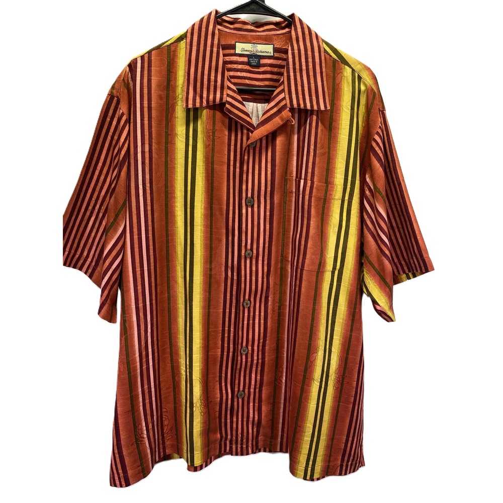 Tommy Bahama Silk Orange‎ Yellow Striped Mens Short Sleeve Collared Shirt Large